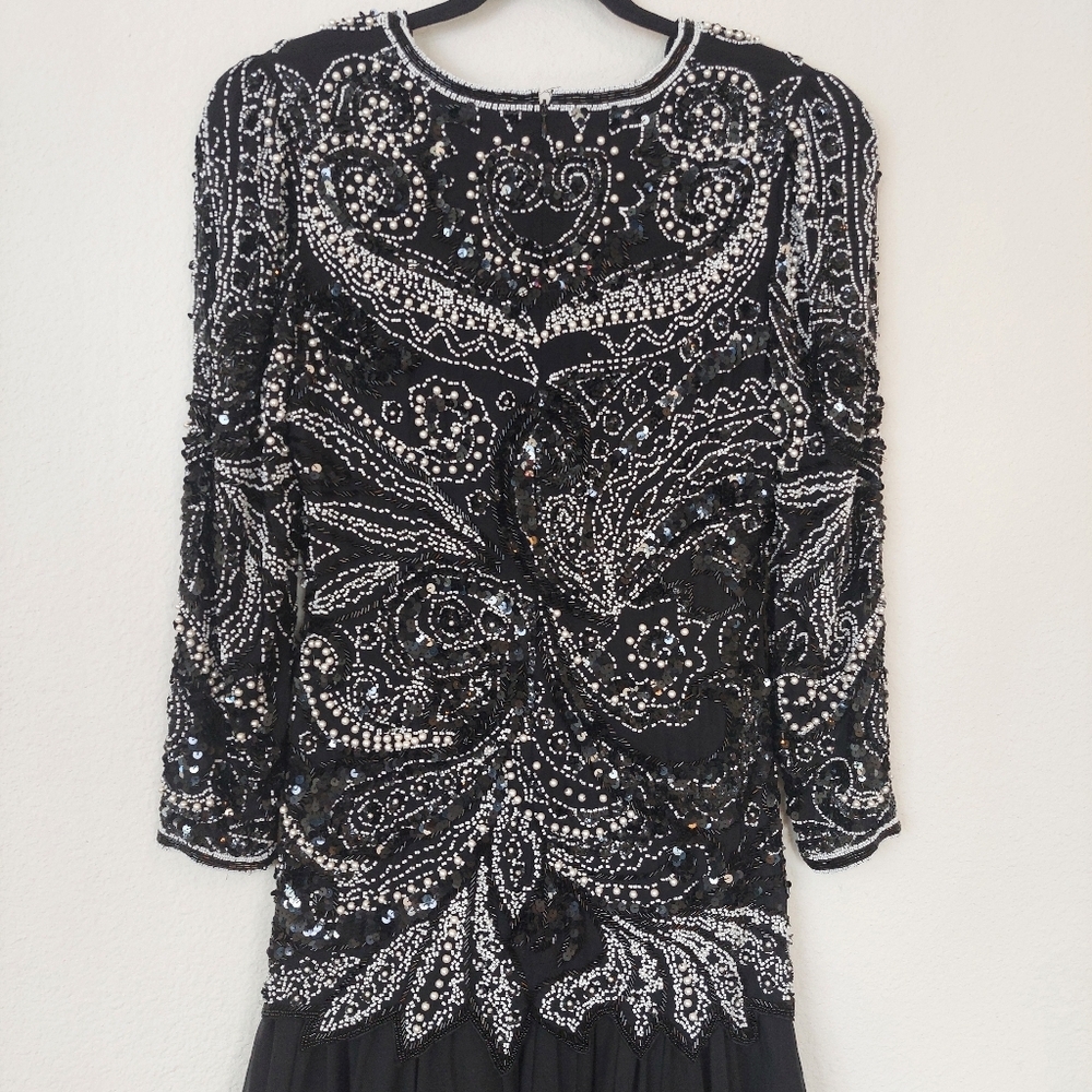 Black Tie Oleg Cassini Sequined Beaded black‎ Longsleeve Dress Size 10 - Picture 7 of 11